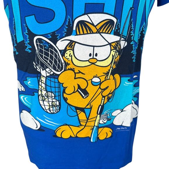Vintage Garfield Wishin' I Was Fishing T-Shirt Men’s Medium Blue 70s USA Graphic - Picture 4 of 12
